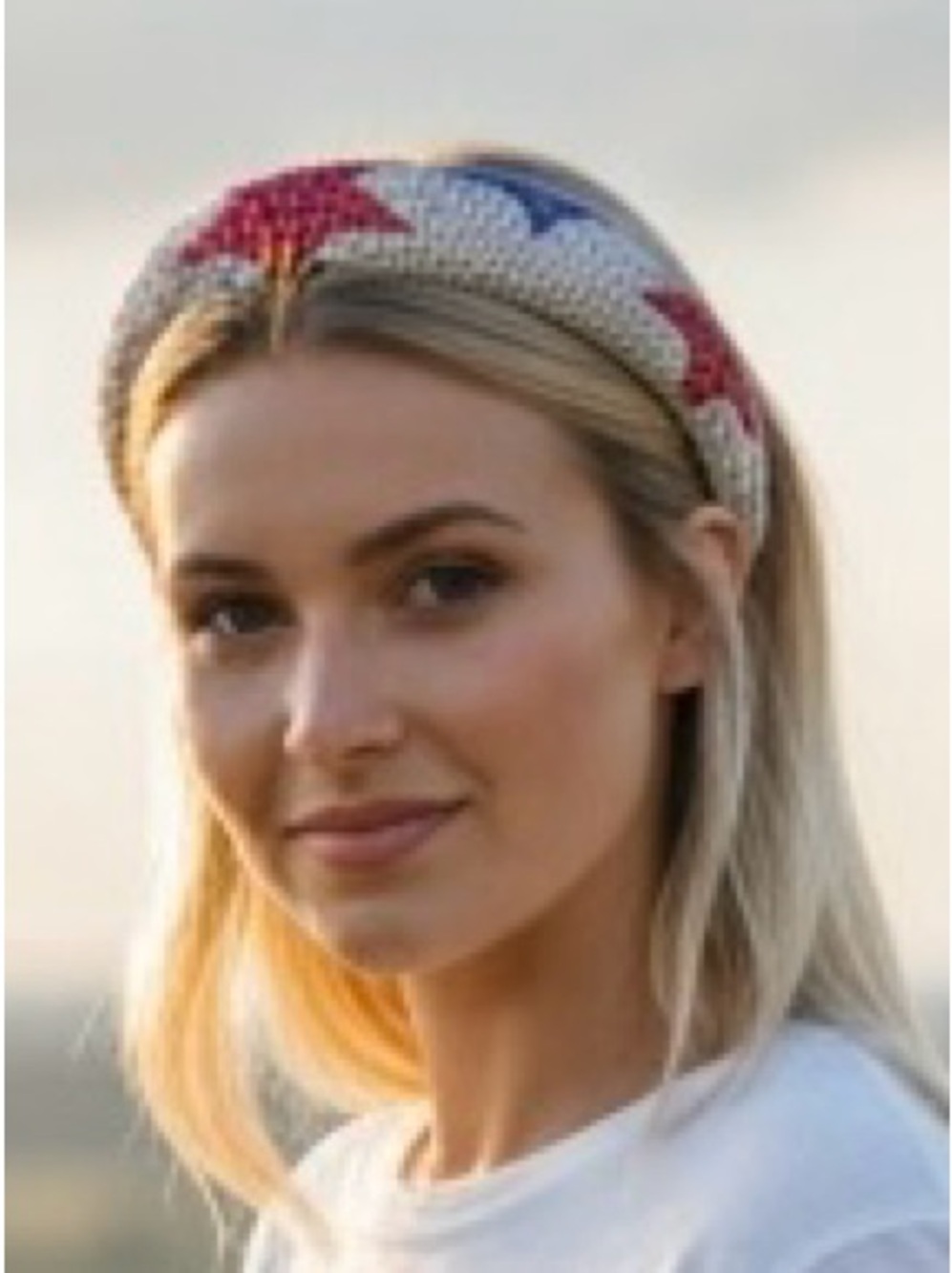 Padded Rhinestone Headband with Red & Blue Stars on Silver